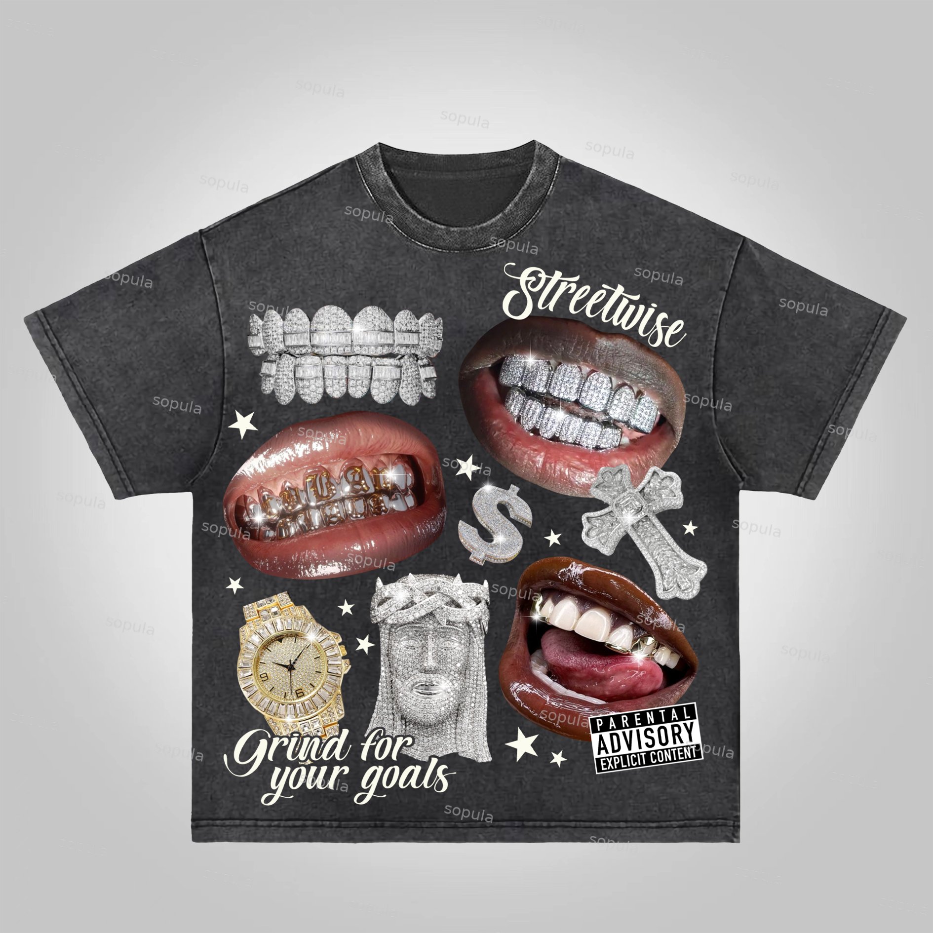 Sopula Street Wealth Collage Graphics Acid Washed T-Shirt