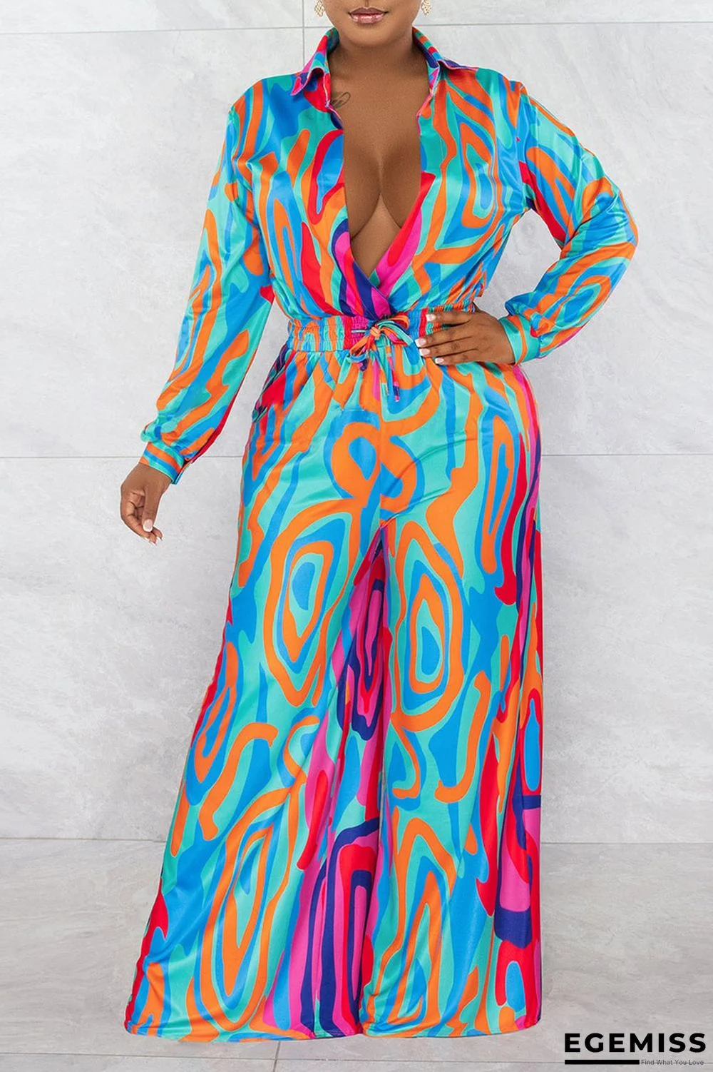 Blue Sexy Print Patchwork Turndown Collar Straight Jumpsuits | EGEMISS