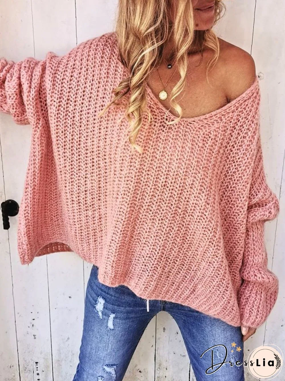 Casual V Neck  Long Sleeve Solid Sweater