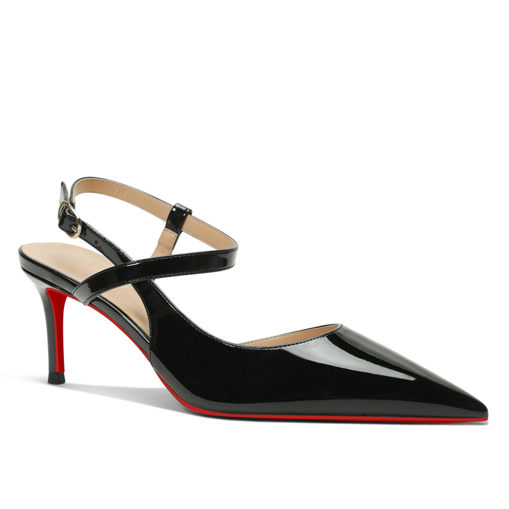 65mm Women Slingback Red Bottom Pumps Ankle Strap Jenlove Stiletto Mid Heel Close Pointed Toe Dress Red Soles Sandals Shoes-MERUMOTE