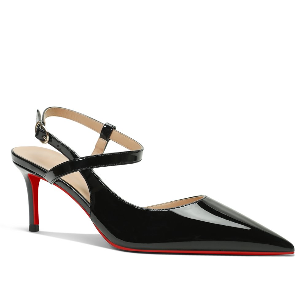 65mm Women Slingback Red Bottom Pumps Ankle Strap Jenlove Stiletto Mid Heel Close Pointed Toe Dress Red Soles Sandals Shoes-MERUMOTE