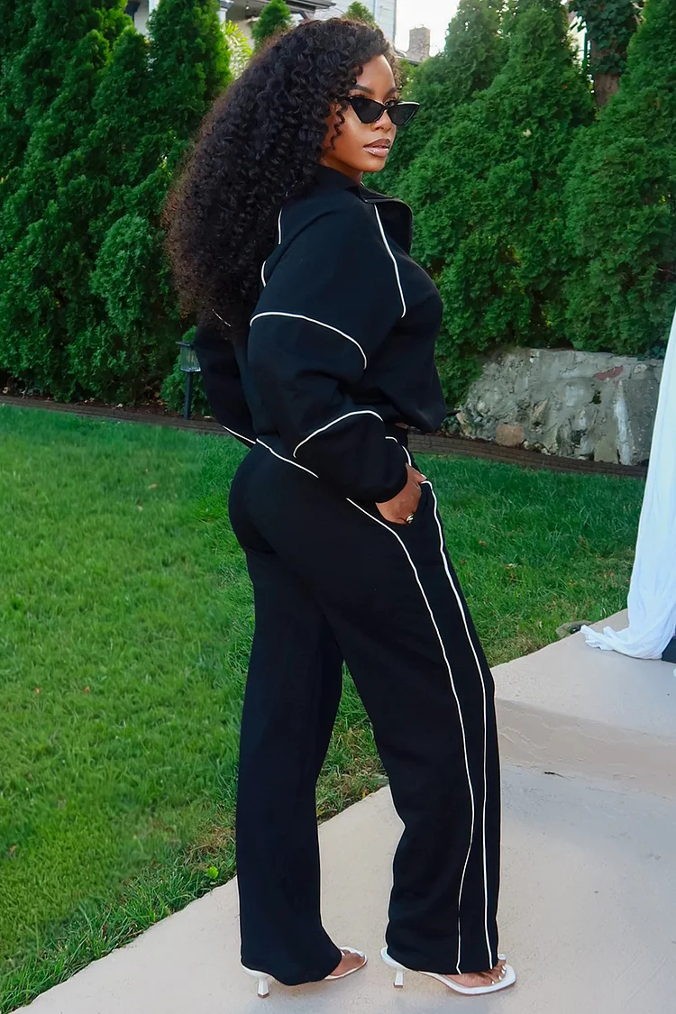 Contrast Line Half-Zip Sweatshirt Wide Leg Pants 2pcs Set-Black [Pre Order]