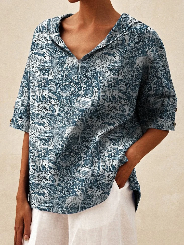 Midnight Woodland Pattern Printed Women's Casual Linen V-neck Shirt