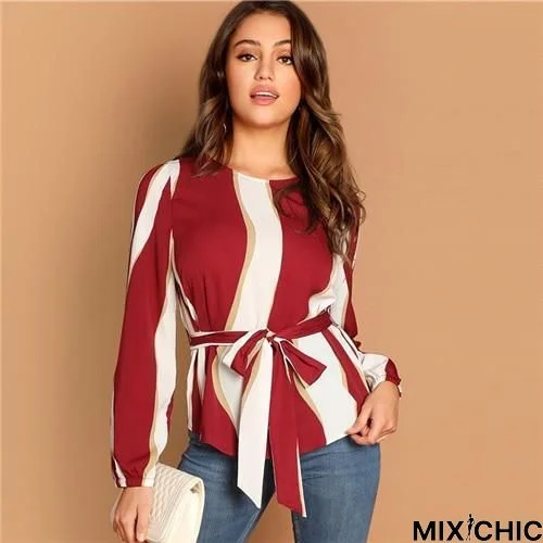 Elegant Tops Women Long Sleeve Blouse Burgundy Striped Print Top Blouses