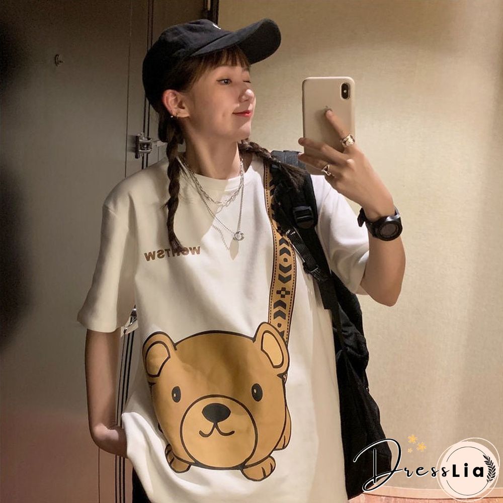 Harajuku Print O Neck Cotton Short Sleeve T Shirt Women Summer New Korean Fashion Kawaii Clothes Top Bear Chic Tee Tshirts