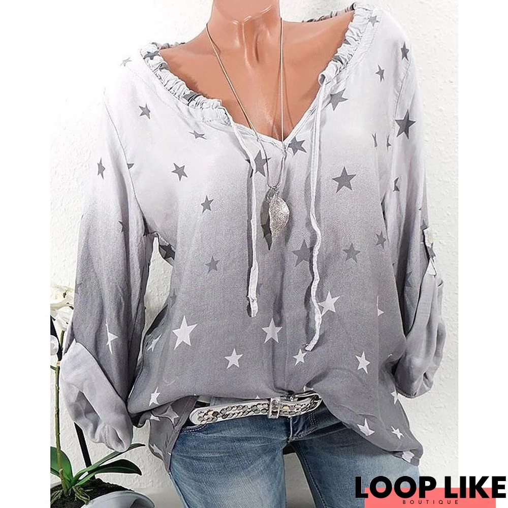 Women's Casual V-Neck Blouse Long Sleeve Star Print Tops