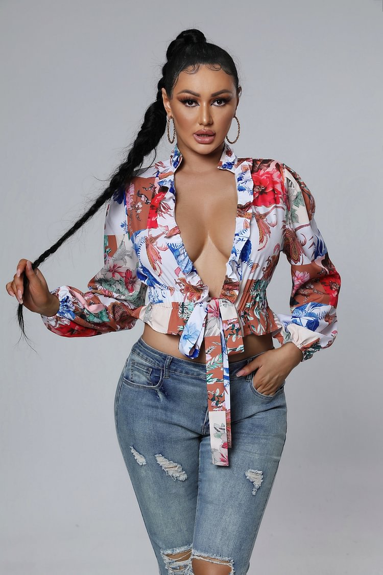Multicolored Print V Neck Ruffle Crop Top