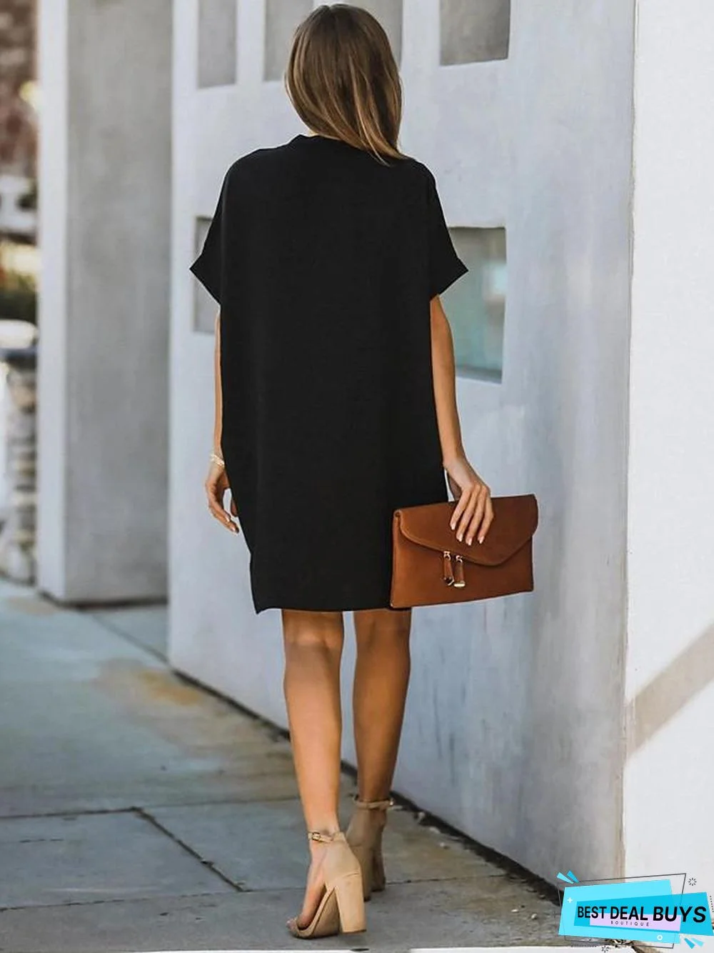 Women's Shift Dress Knee Length Dress Short Sleeve Solid Color Patchwork Fall Summer Hot Streetwear Oversized Black Wine Black Dresses