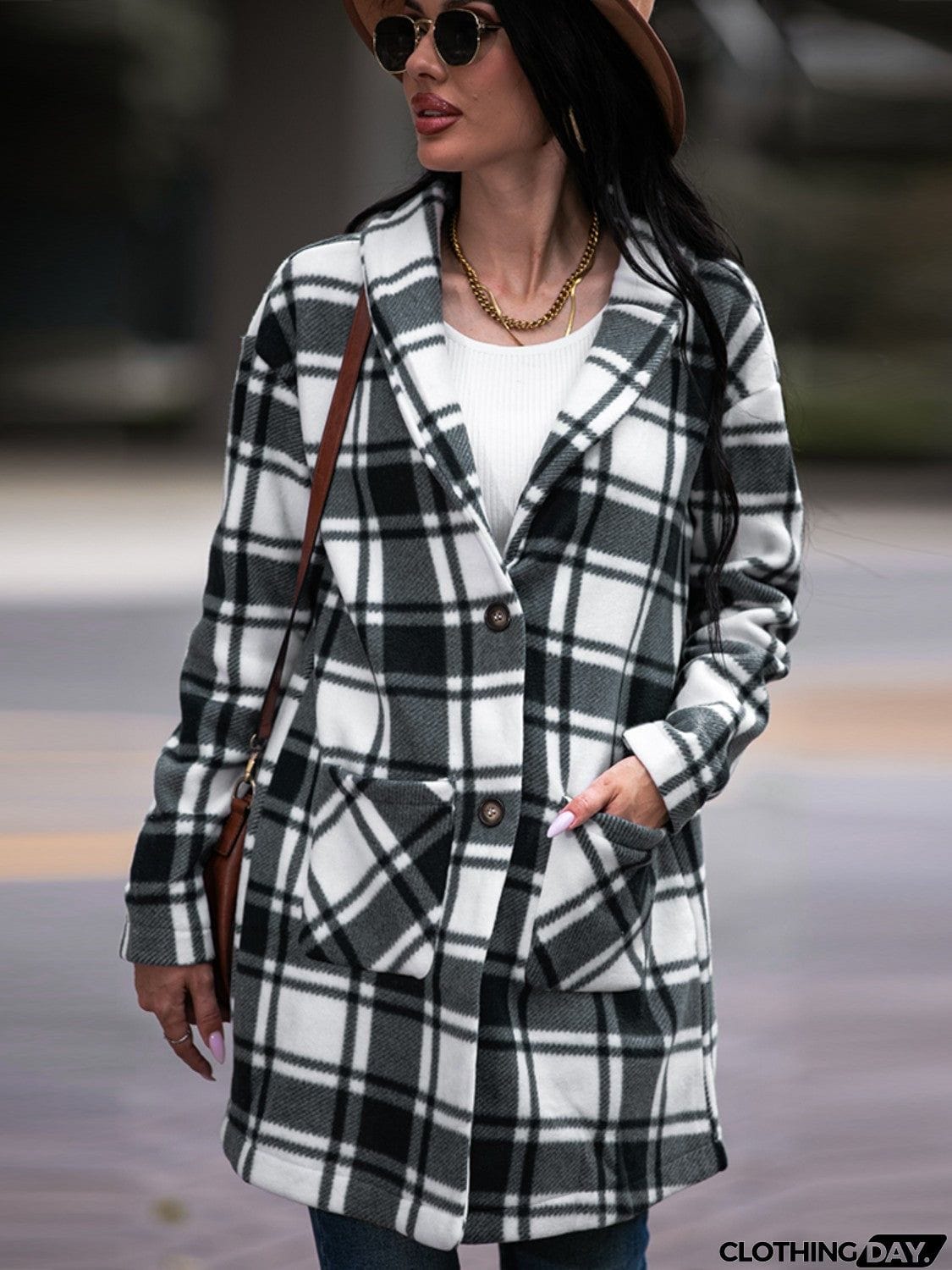 Plaid Shawl Collar Coat with Pockets