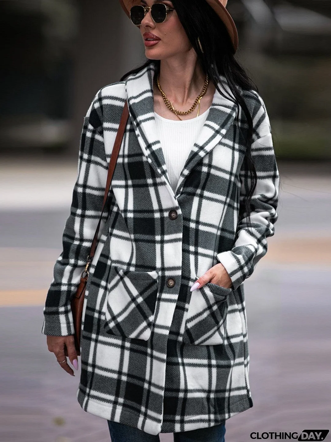 Plaid Shawl Collar Coat with Pockets