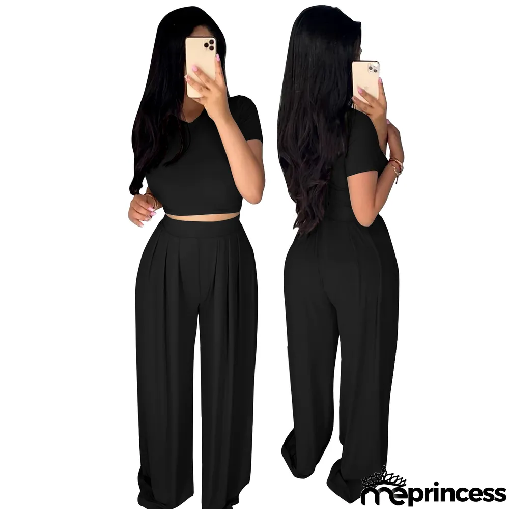 Summer Sexy Plain Crop Top and Pleated Loose Pants Set