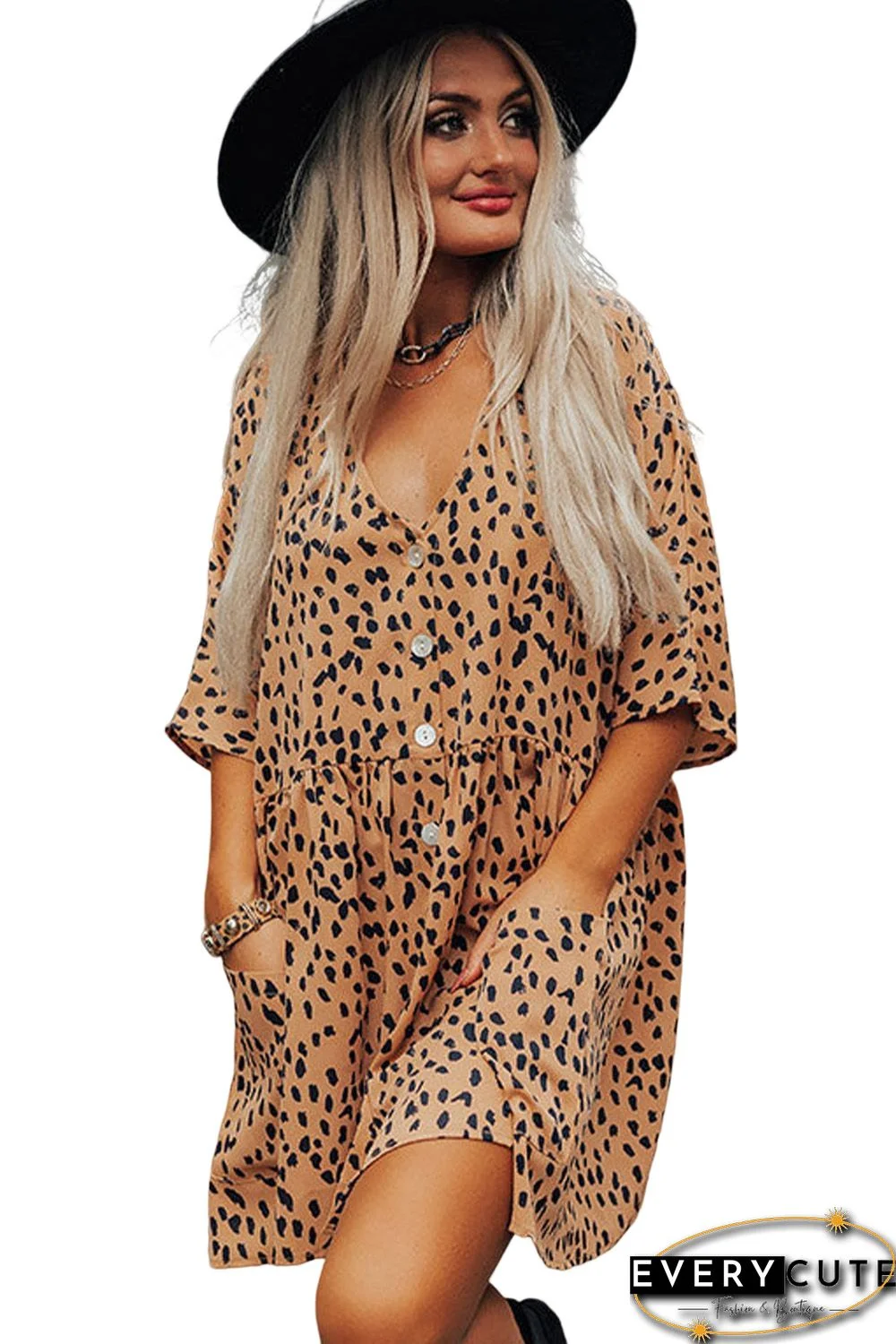 Leopard Button V Neck Tunic Dress