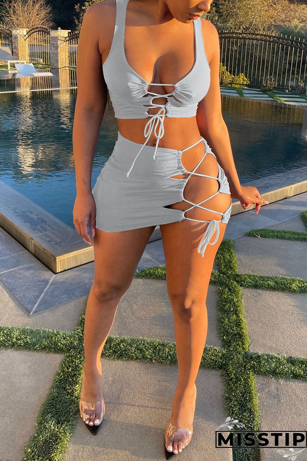 Blue Sexy Solid Bandage Spaghetti Strap Sleeveless Two Pieces