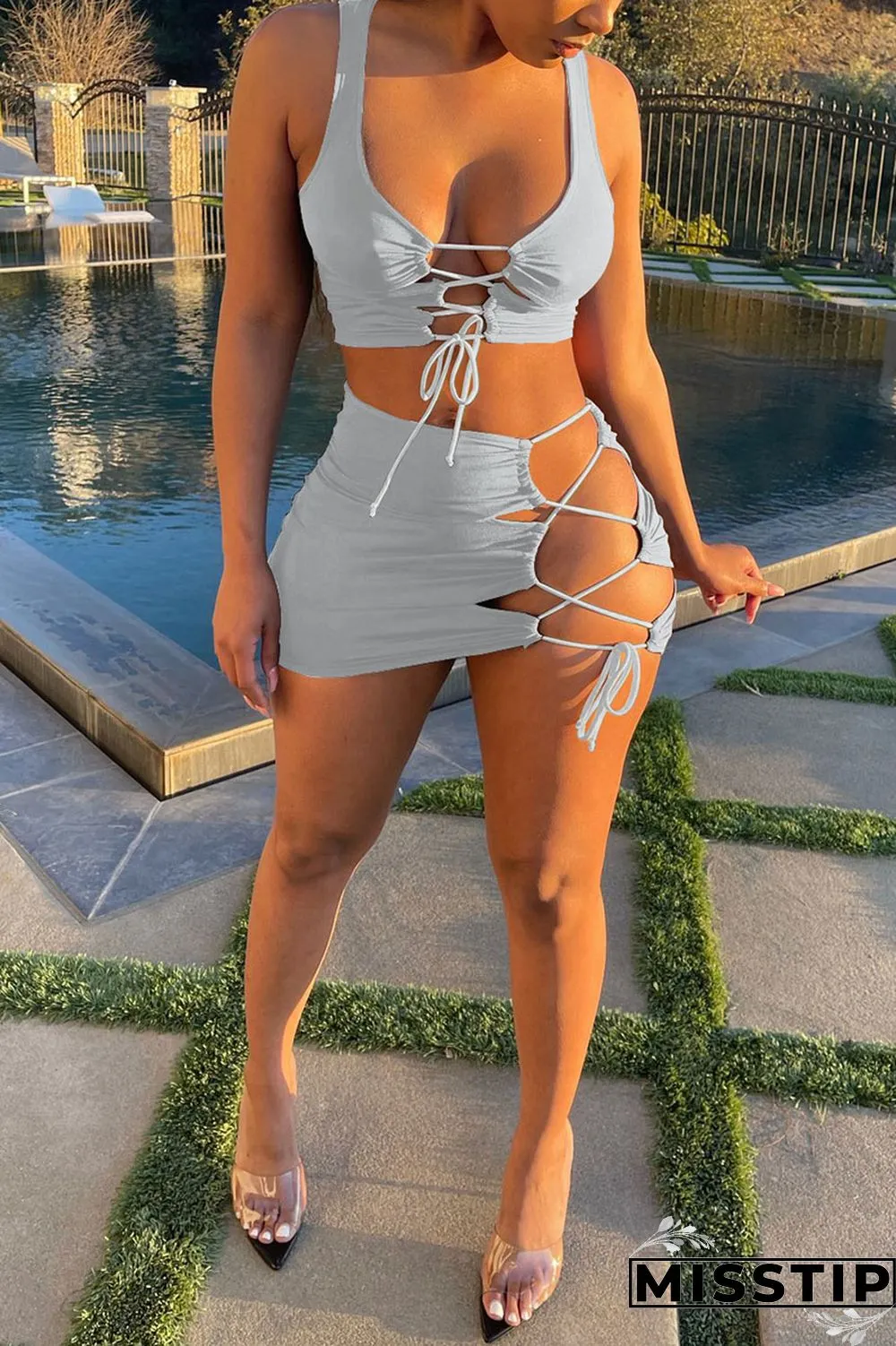 Blue Sexy Solid Bandage Spaghetti Strap Sleeveless Two Pieces