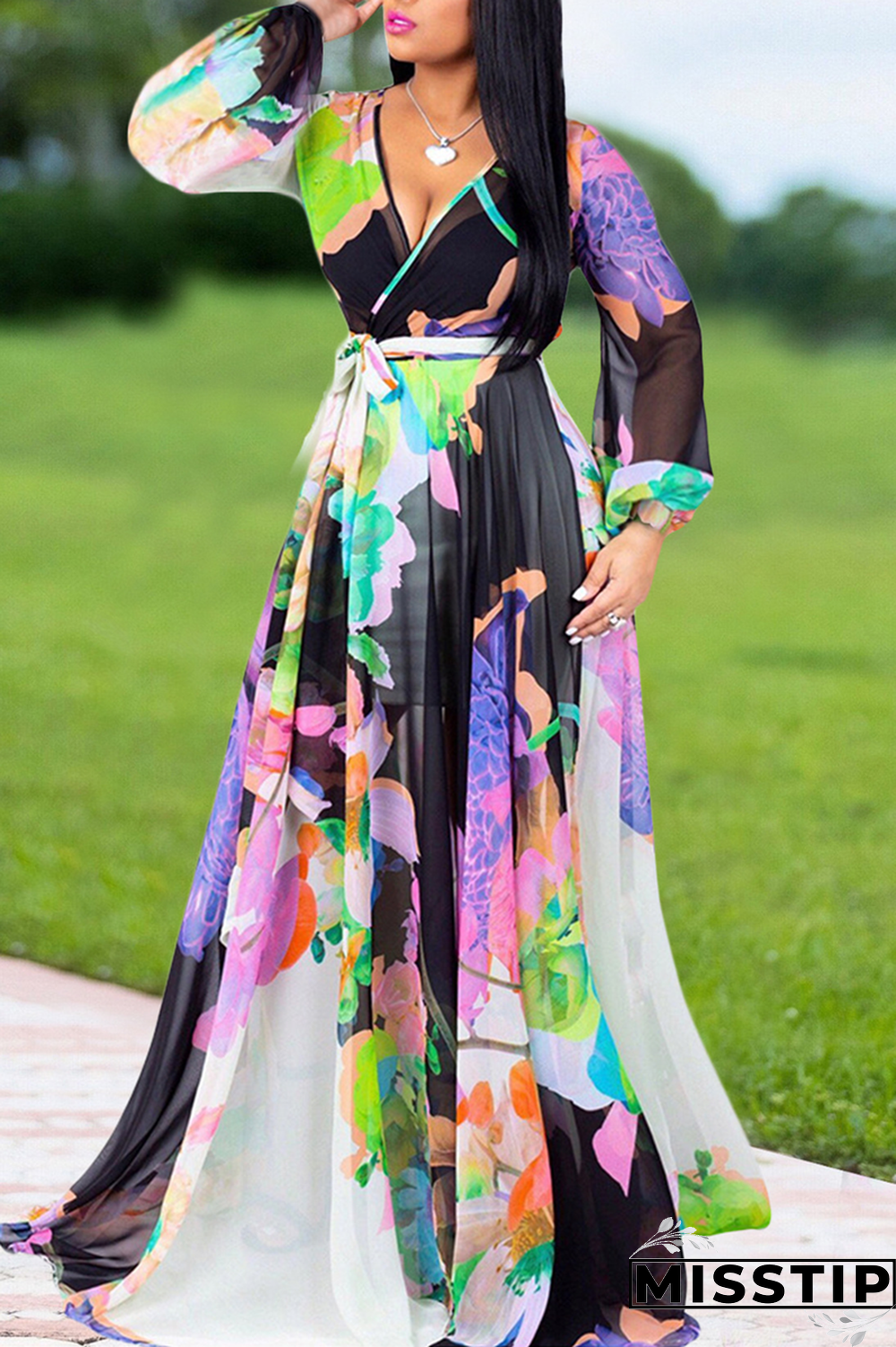 Multicolor Fashion Sexy Printed Chiffon Dress