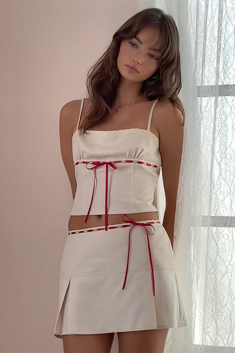 Colorblock Ribbon Bow Decor Crop Cami Mini Skirt Matching Set-Beige [Pre Order]