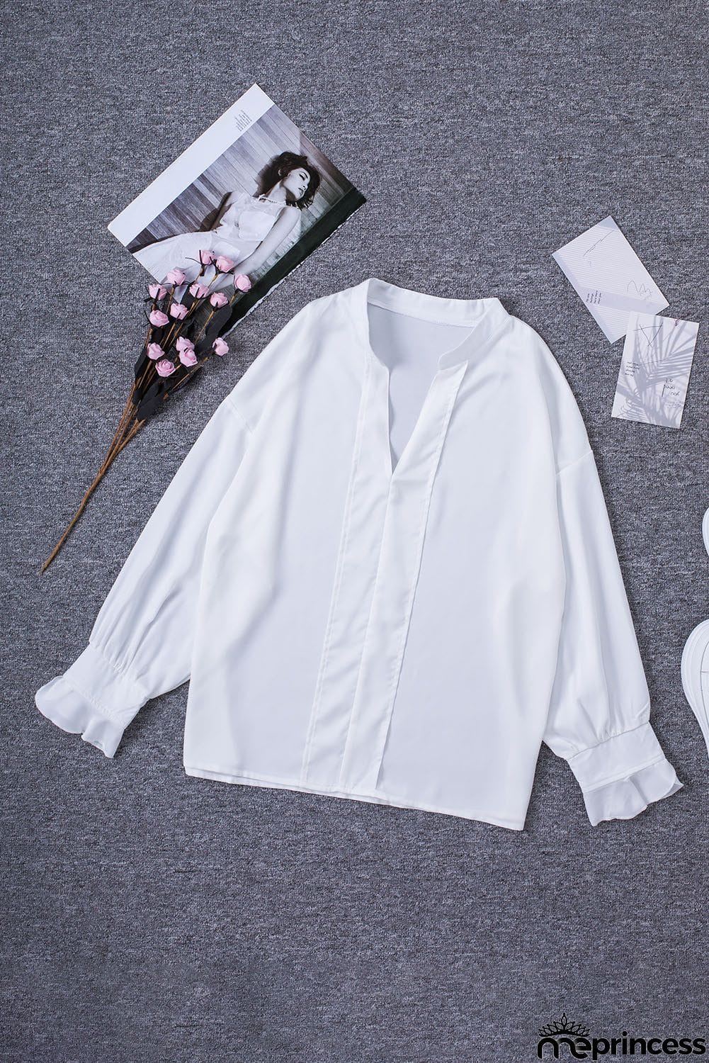 V Neck Long Puff Sleeve Shirt