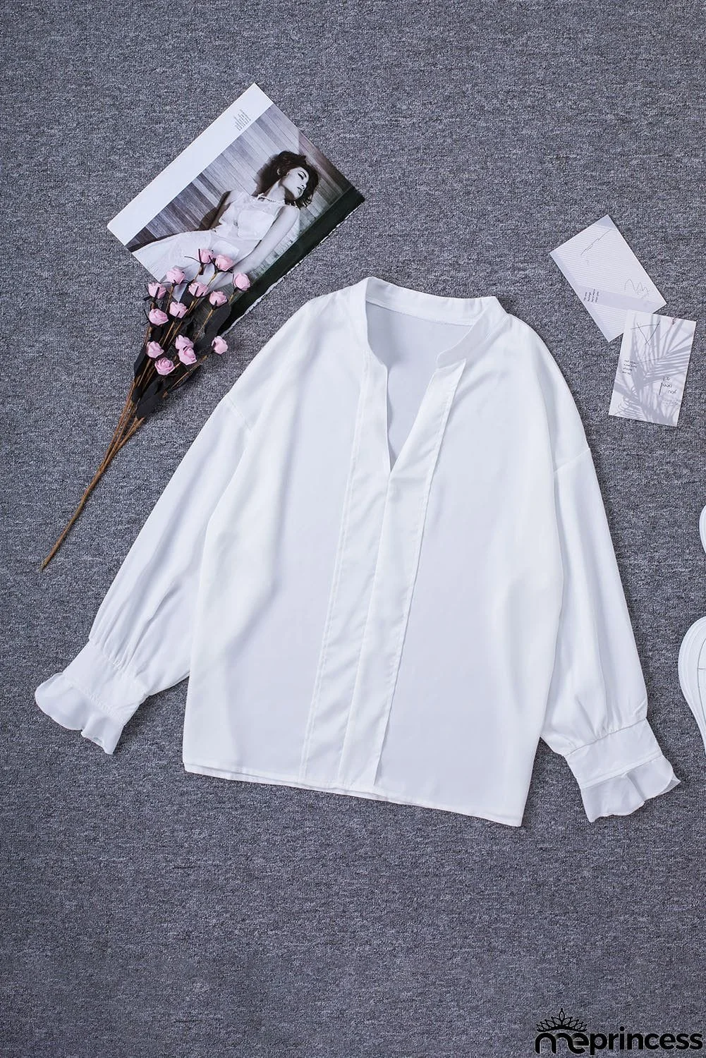 V Neck Long Puff Sleeve Shirt