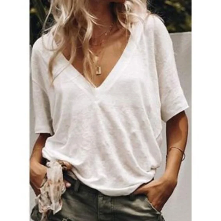 Women Casual Plain Basic V Neck Loose Summer Short Sleeve T-shirt