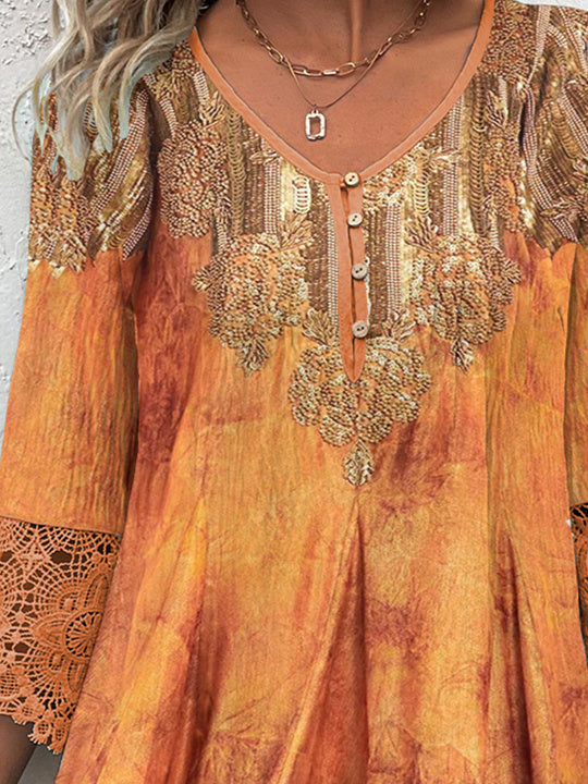 Women Half Sleeve V-neck Solid Color Dress