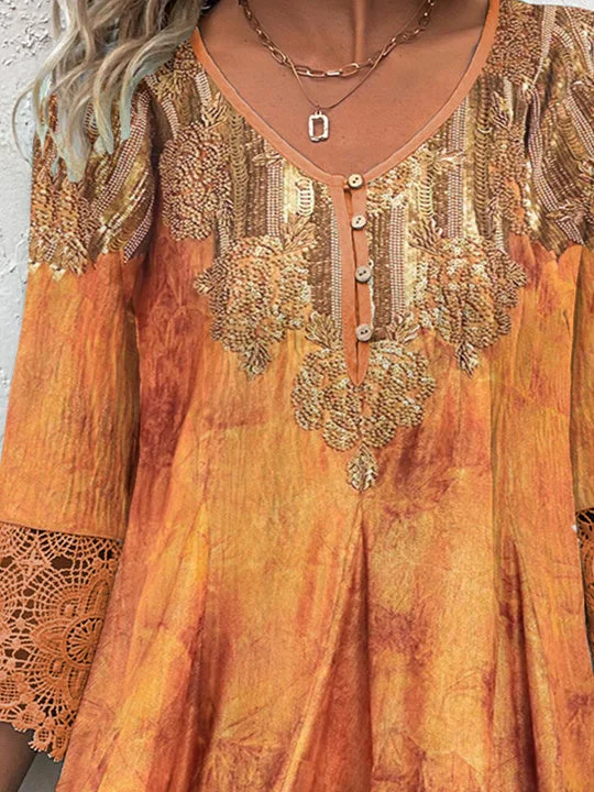 Women Half Sleeve V-neck Solid Color Dress