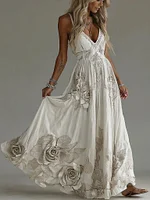 Women's Vintage Flowers Embroidery Art V-neck Suspender Maxi Dress