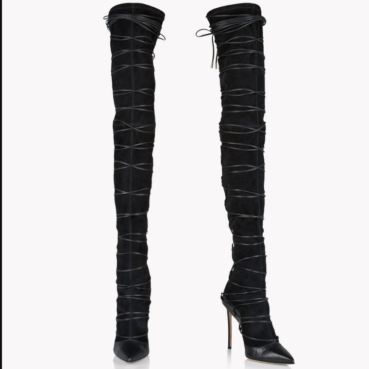 VCSHOES Black Lace Up Suede Pointed Toe Thigh High Boots