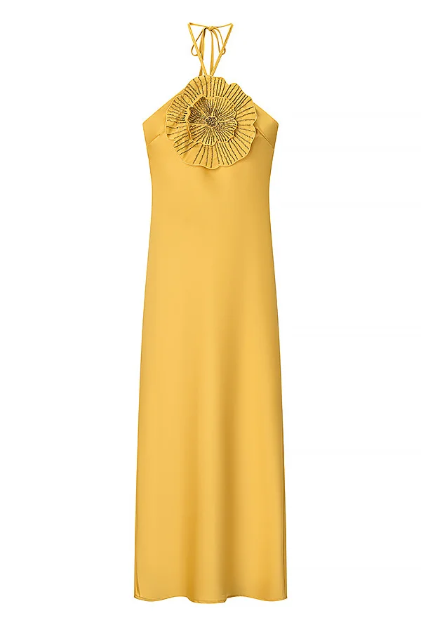 Fashionable Beaded Large Flower Decoration Halter Neck Backless Maxi Dress