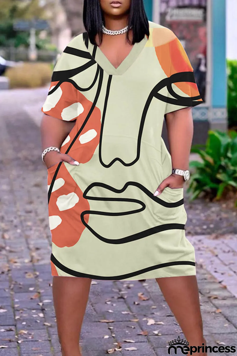 Orange Casual Print Patchwork Basic V Neck Short Sleeve Dress Plus Size Dresses