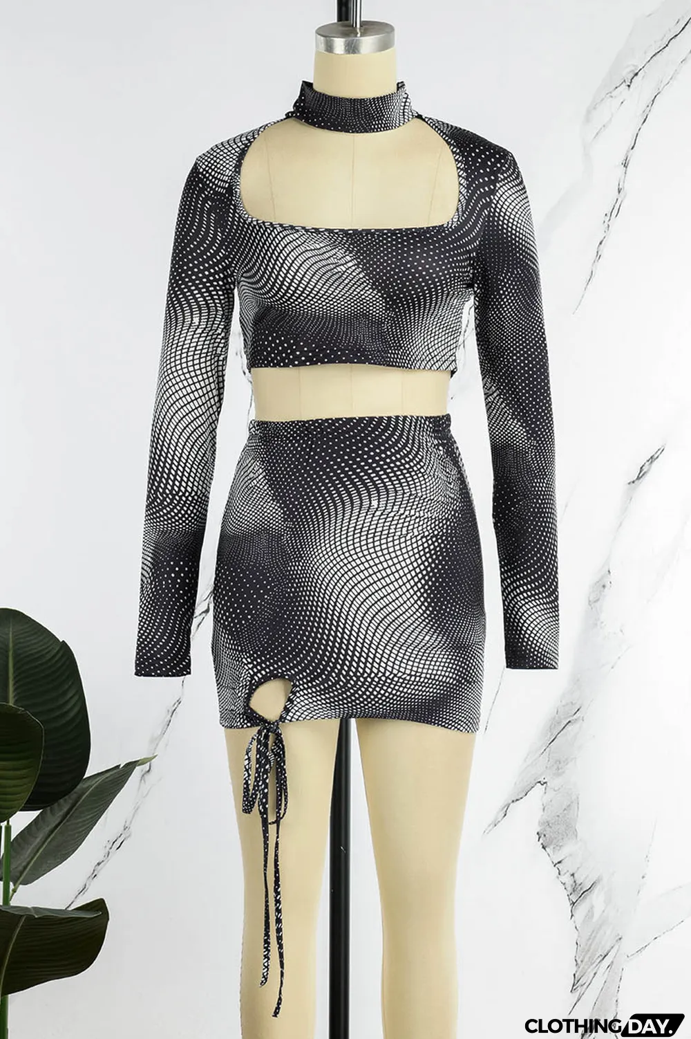 Grey Casual Street Polka Dot Hollowed Out Half A Turtleneck Long Sleeve Two Pieces