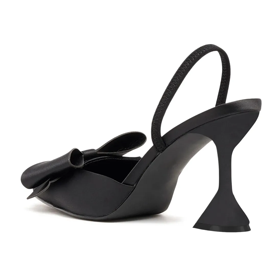 Pointed Toe Bow Flared Heel Slingback Black Pumps for Women
