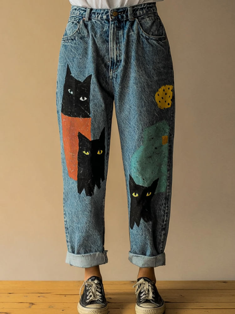 Japanese Art Style Lady Retro Cat Print Denim Jeans elevenforest