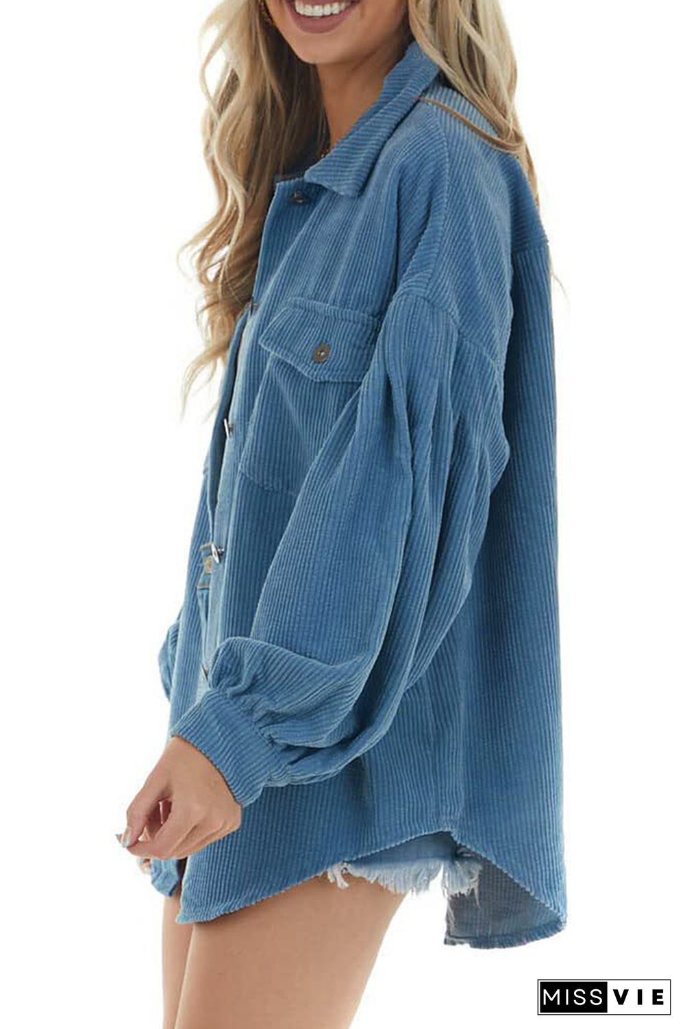 Lantern Sleeve Button Pockets Corduroy Shirt