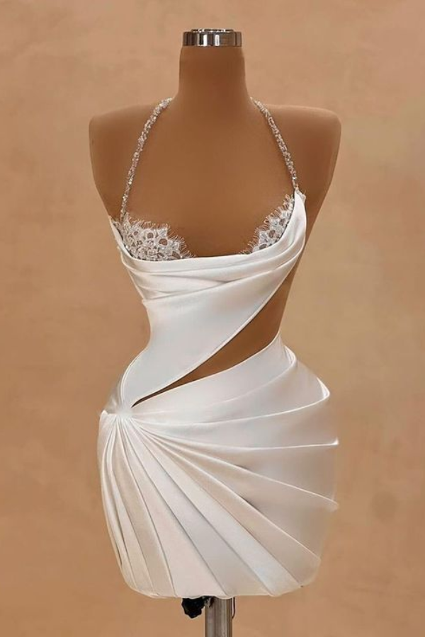  Chic White Halter Strapless Homecoming Dress Pleated with Sequins - Ohprom