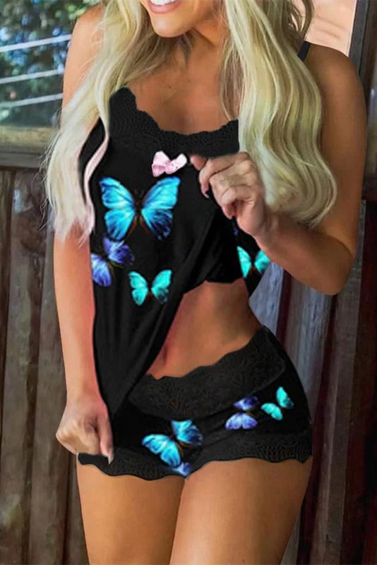 Butterfly Print Lace Camisole And Shorts Pajamas Set