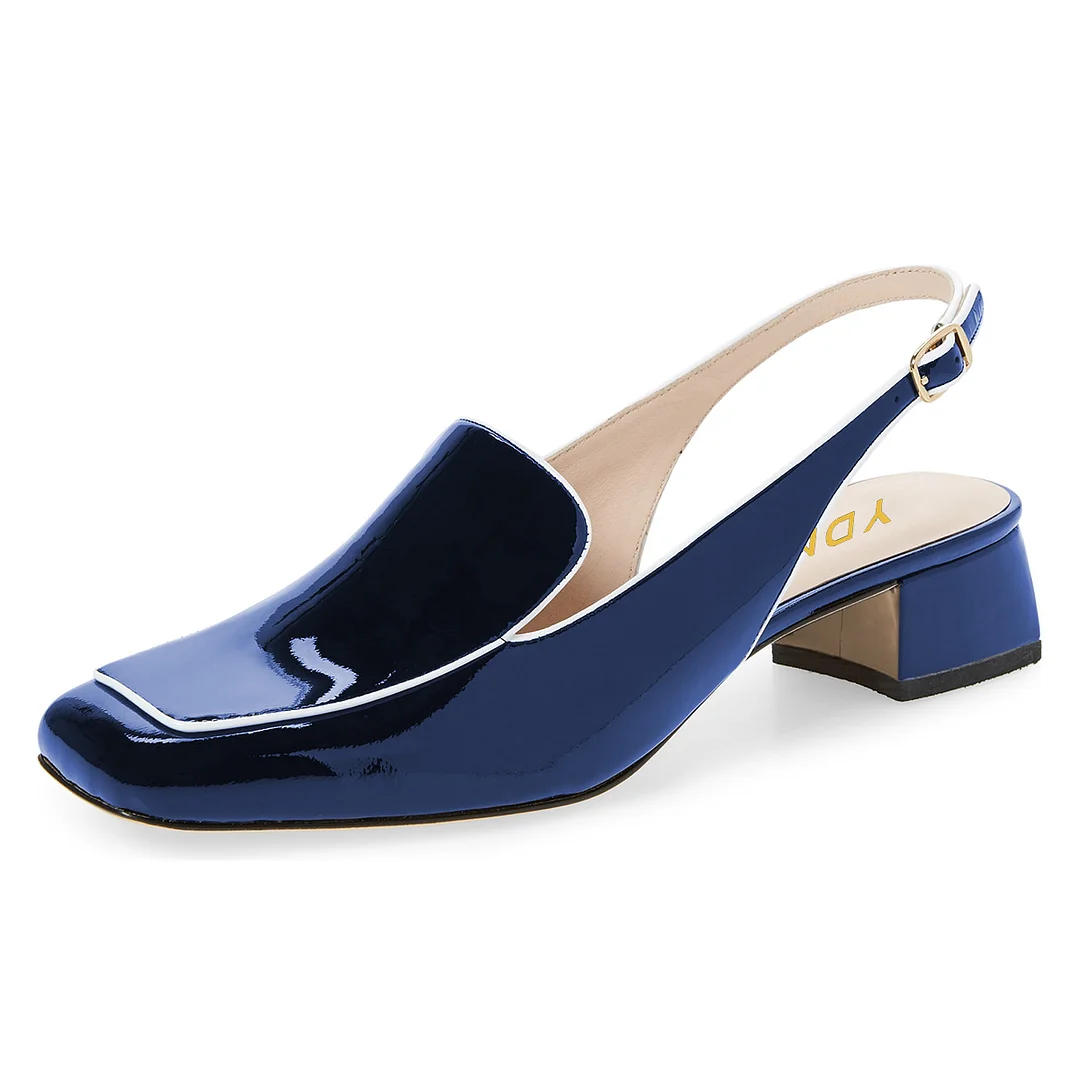 Blue Patent Leather Square Toe Slingback Loafers with Chunky Heels