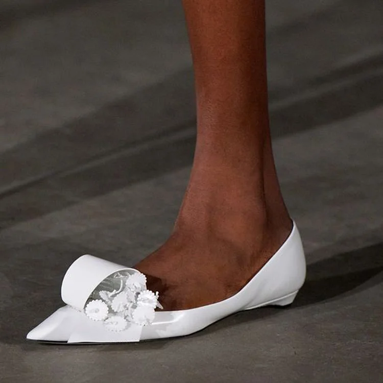 Classic White Pointy Toe Flats Women's Folded Flower Shoes Elegant Flat Pumps |FSJ Shoes