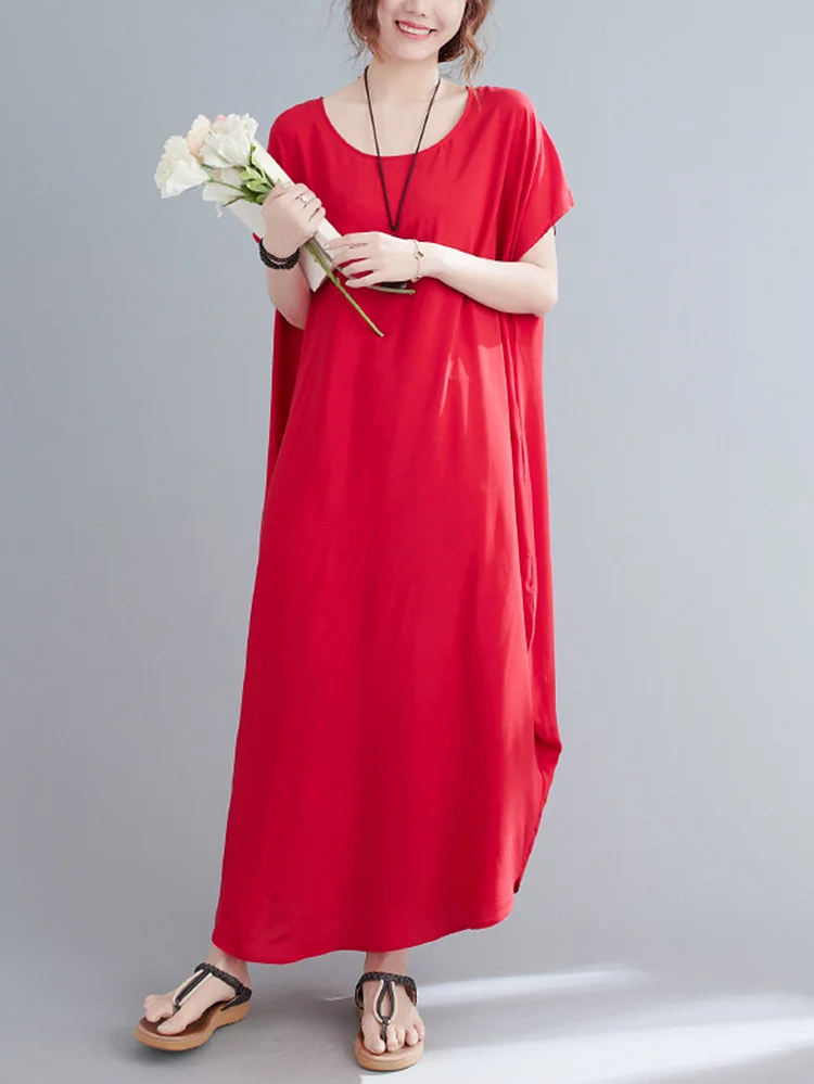 Women Round Neck Solid Color Loose Casual Dress