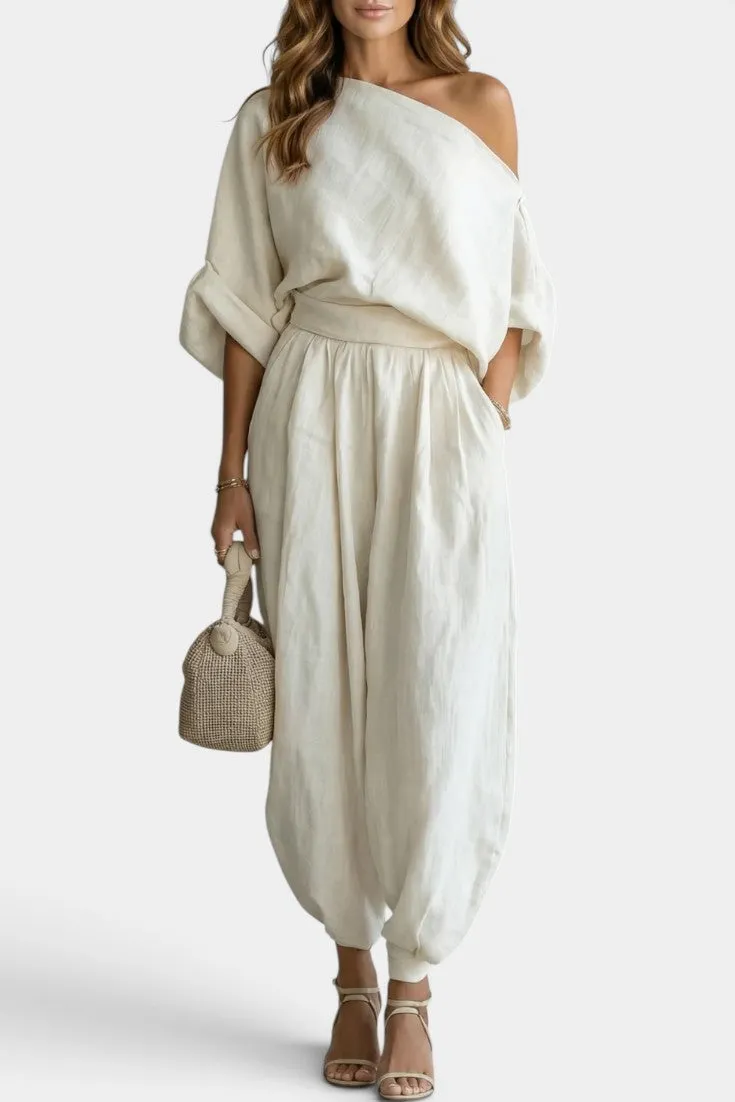 Asymmetrical Off-Shoulder Linen Top with Harem Pants Set