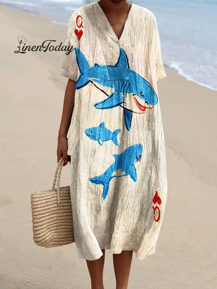 Women’s Vintage Ocean Fish Sharks Art Print Flowy Dress Multicolor / S