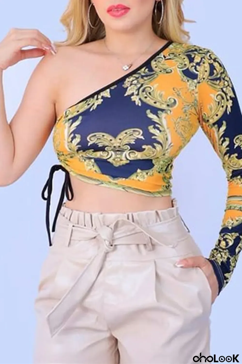 Yellow Sexy Casual Print Backless Oblique Collar Tops