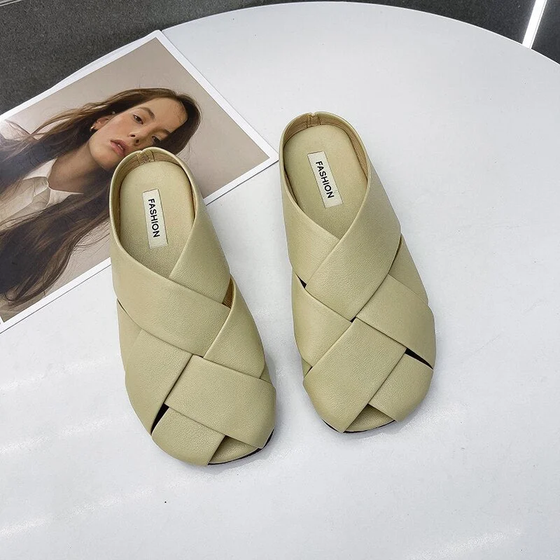 Summer Fashion Weave Women Half Slippers Outdoor Flat Slip-on Sandals Vacation Ladies Slides Women Mules Casual Shoes