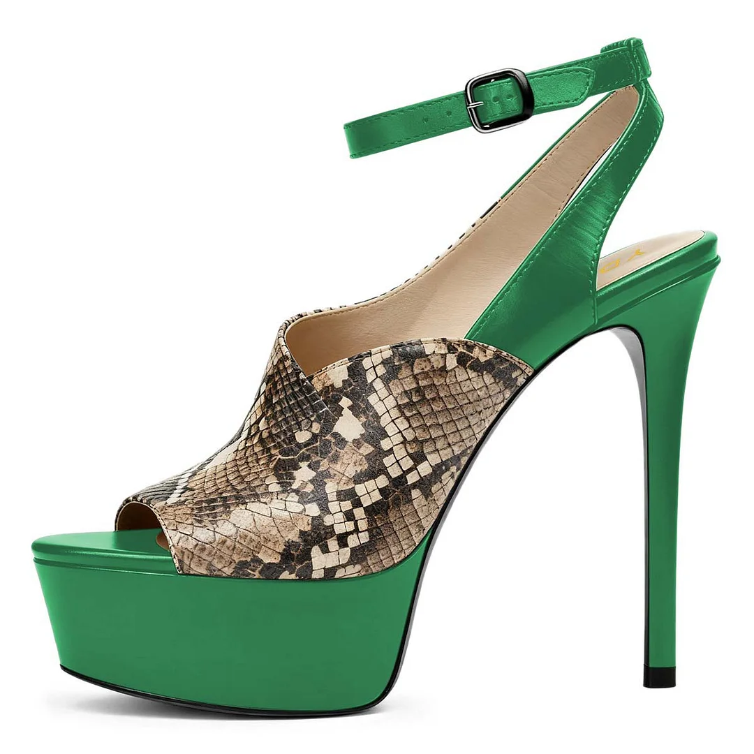 Embossed Snakeskin Pattern Platform Heeled Green Summer Sandals