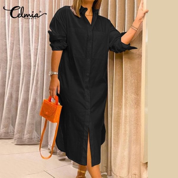 Celmia Women Casual Loose Shirt Dress Lapel Collar Long Sleeve Cotton Linen Long Pockets Dress Vestidos Plus Size - Chicaggo