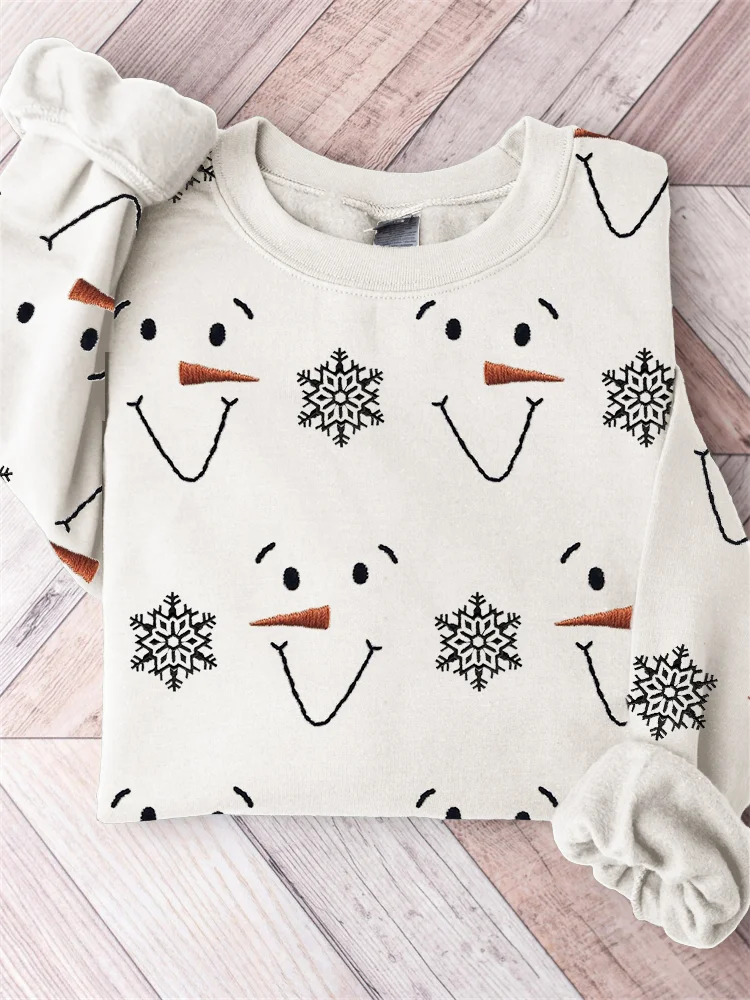 Snowman Faces & Snowflakes Embroidery Pattern Comfy Sweatshirt