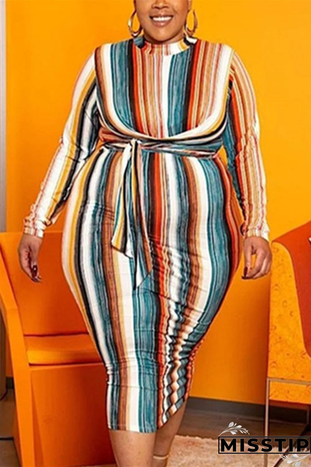 Multicolor Fashion Casual Striped Print Long Sleeve Dress