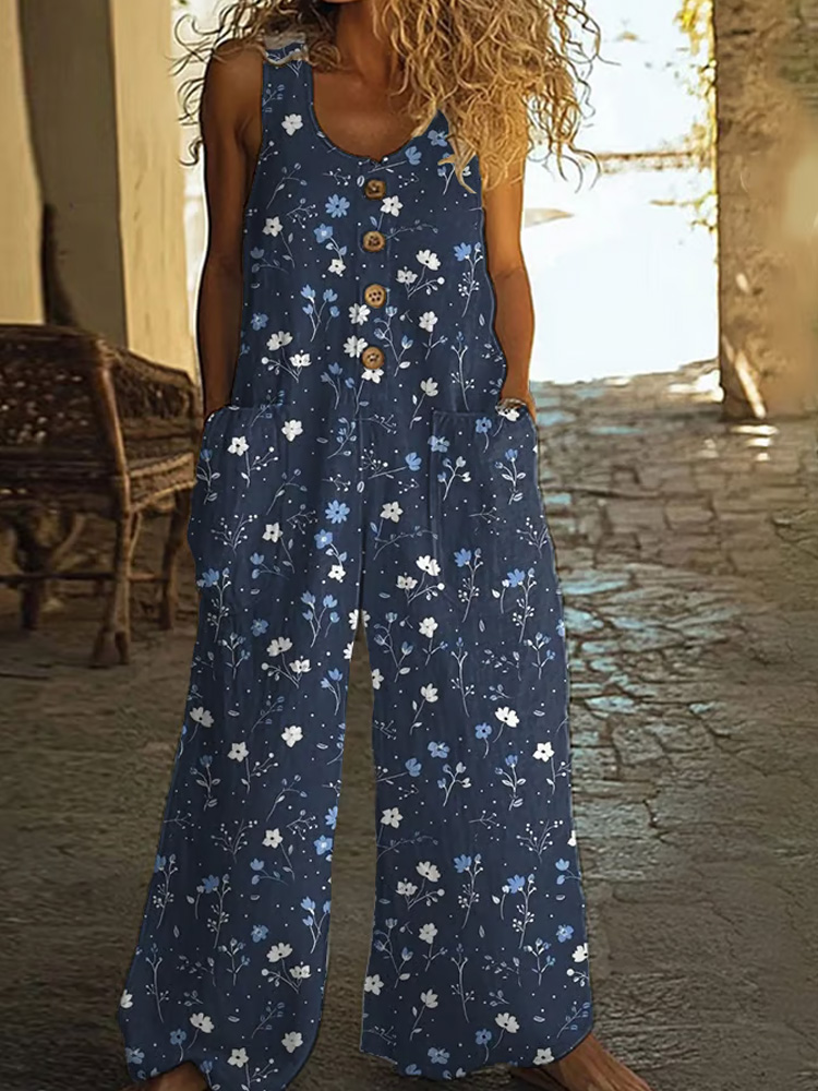 Comstylish Women's Vintage Check Floral Print Button Casual Jumpsuit