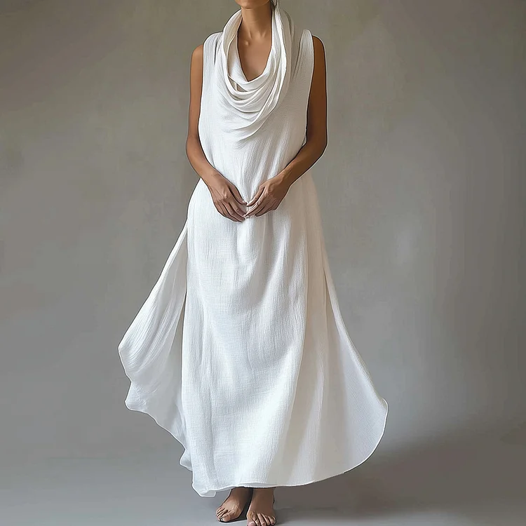 Ursime Cotton And Linen Cowl Neck Sleeveless Maxi Dress