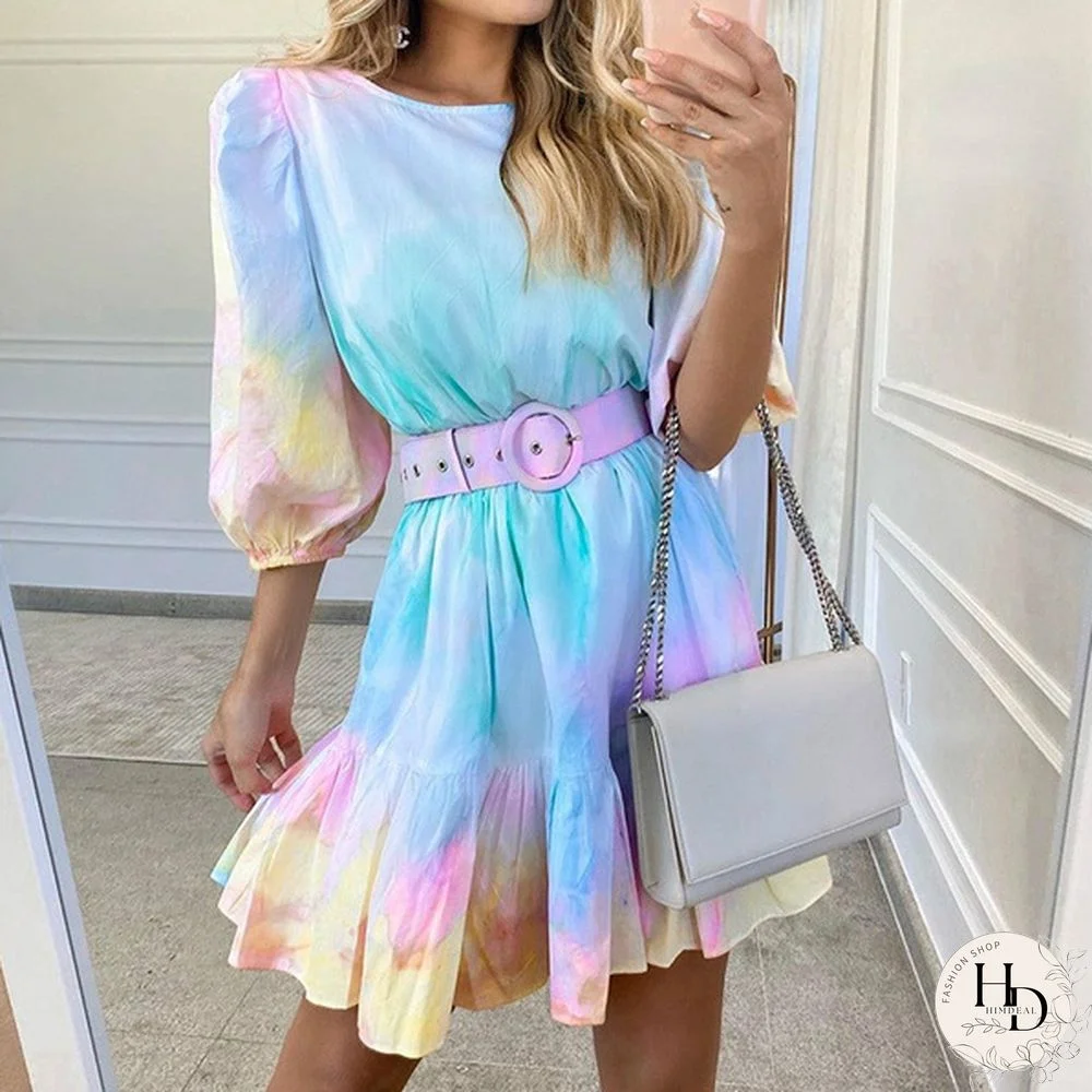 Women Casual Tie Dye Round Neck Dress Loose Puff Sleeves Swing Dresses Vacation Style Midi Dress