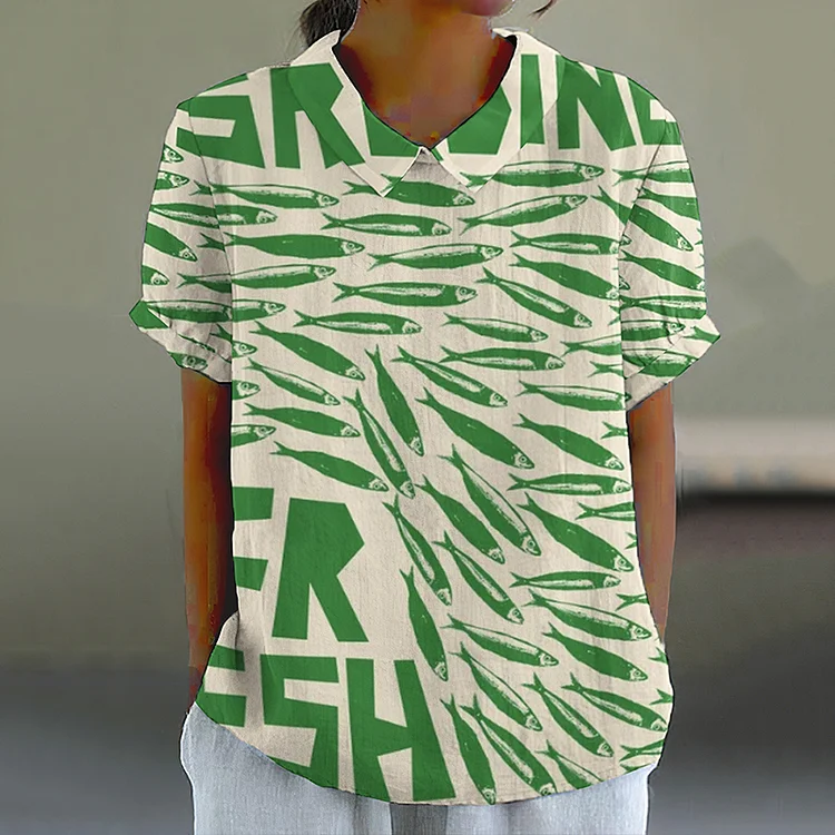 Retro Green Sardines Fish Art Pattern Printed Casual Women's  Cotton Linen Shirt